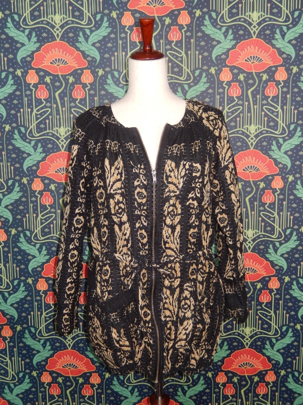 Burning Torch Black Tan Silk Linen Zip Front Jacket L